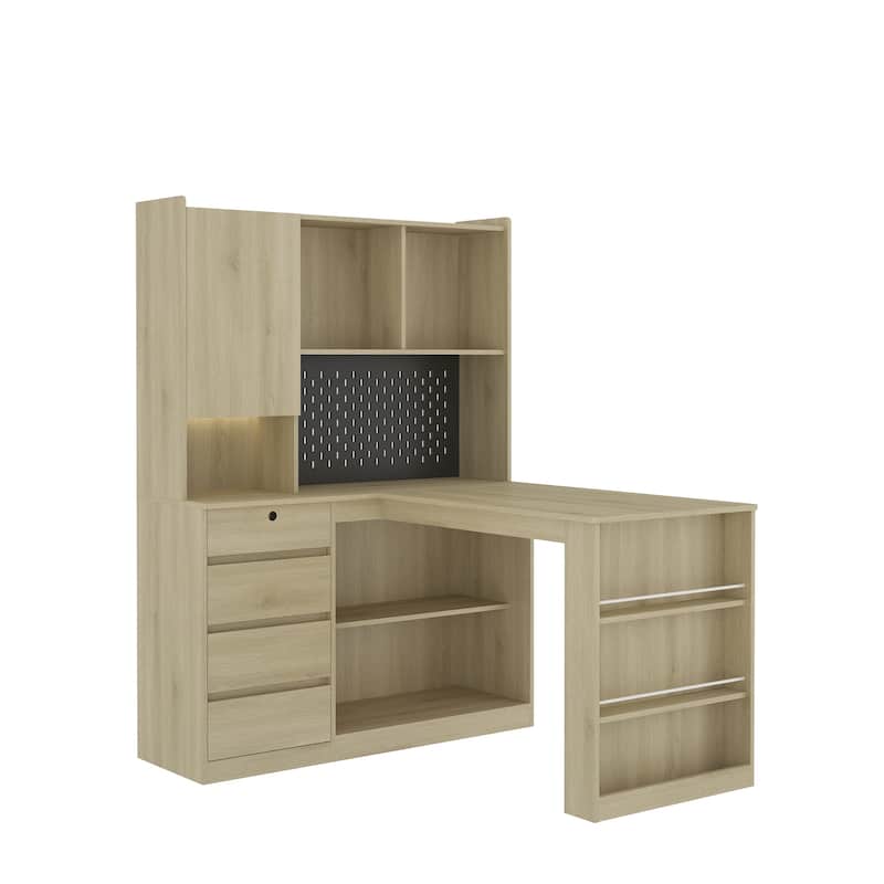 L Shaped Desk with Charger, Computer Desk with Drawers,Bookshelf,with LED Light, L-Shaped Study Table Writing Desk