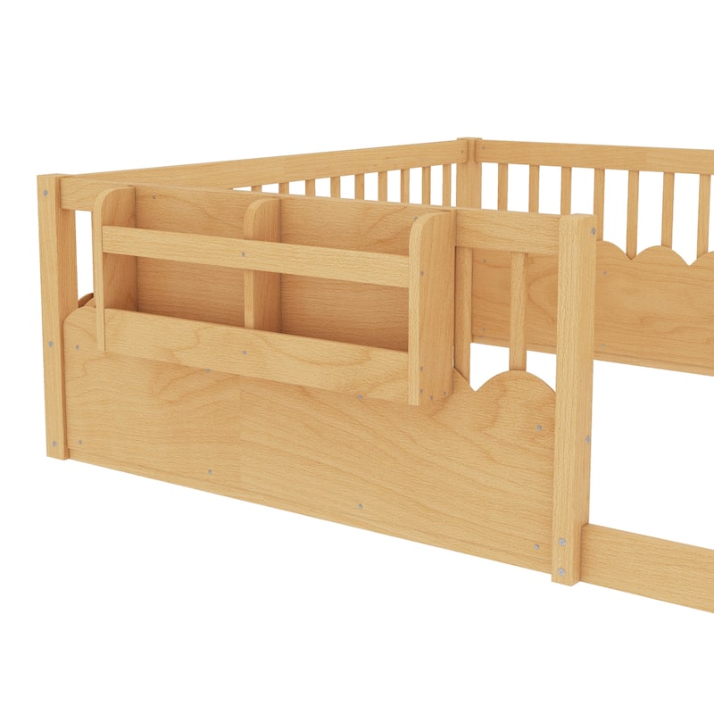 Montessori Floor Bed Kids Bed Frame with Heightened Fence and Bookshelf, Wavy Decoration Wood Platform Bed, No Slats Design