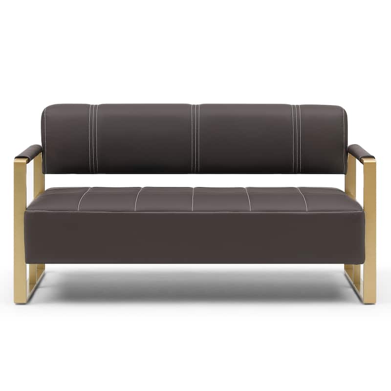 Upholstery Faux Bonded Leather Loveseat Sofa with Golden Metal Arms