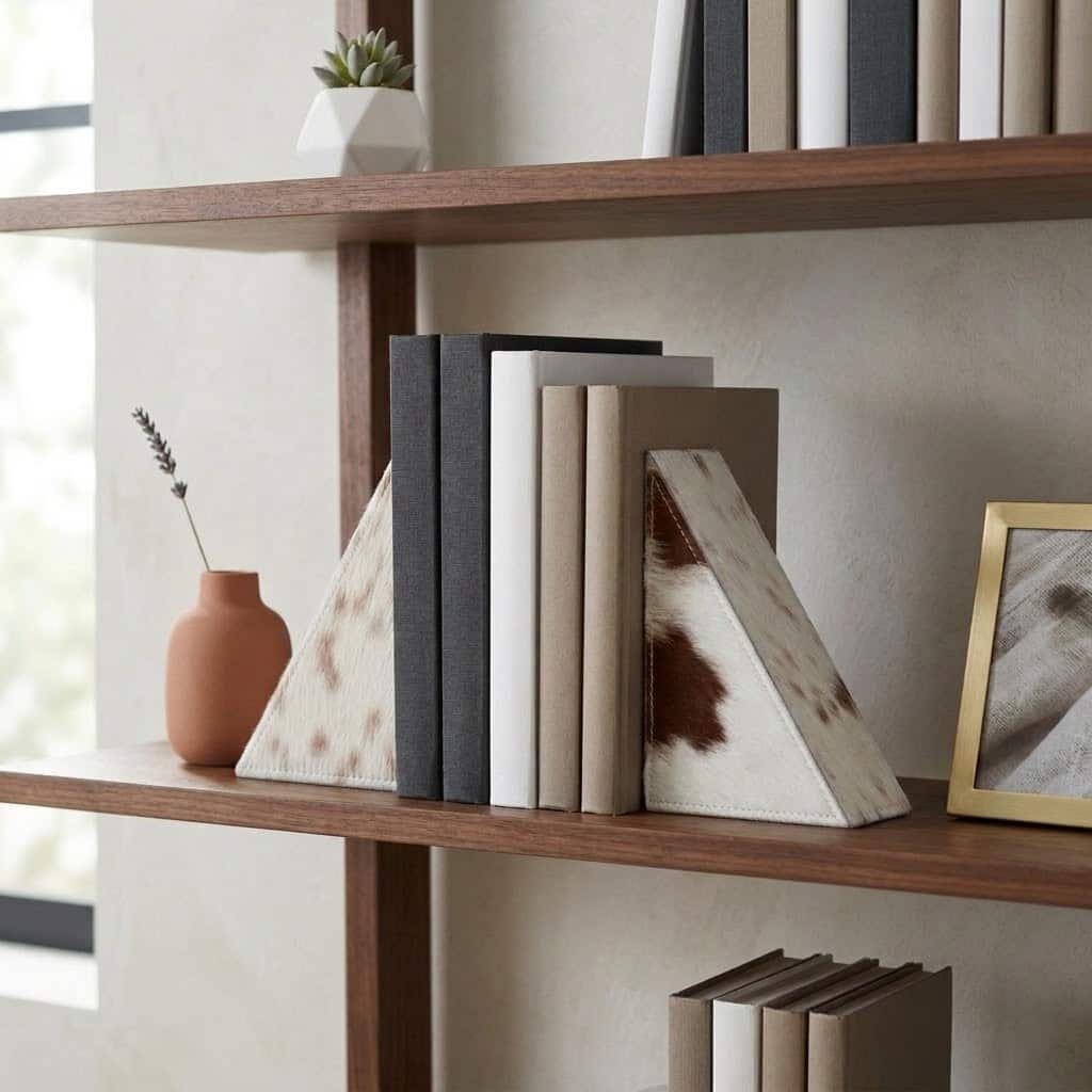 Decorative Leather Cow Print Bookends - Set of 2, 7", Ivory & White - 7.0"