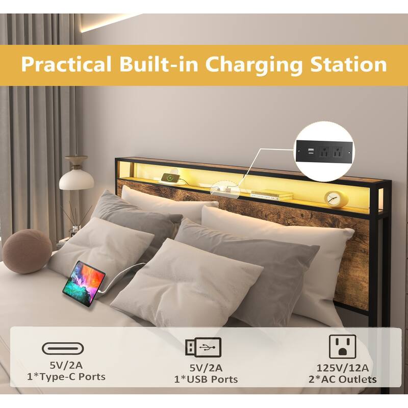 Queen Bed Frame with Storage Headboard, Charging Station, LED Lights, Easy Assembly