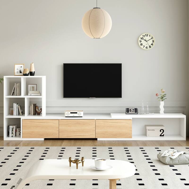 Modern Extended TV Stand with 3-Tier Bookshelves, Storage Cabinets and Sliding Tabletop, for Living Room, White
