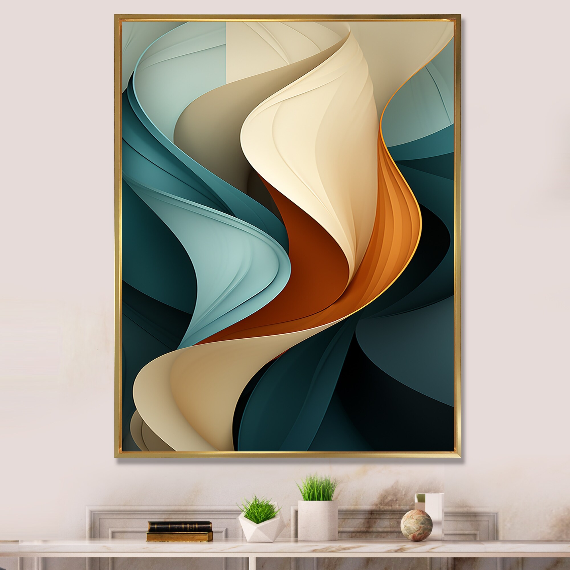 Designart "Teal Abstract Vintage Elegant Wave" Abstract Shapes Framed Wall Decor