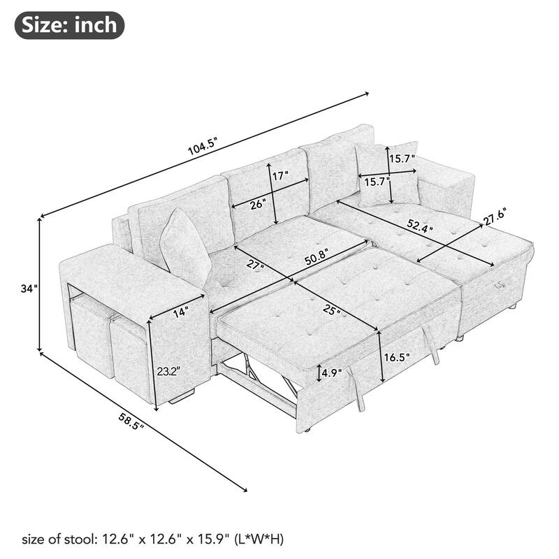 Modern L-Shape 3 Seat Reversible Sectional Couch, Pull Out Sleeper Sofa with Storage Chaise and 2 Stools