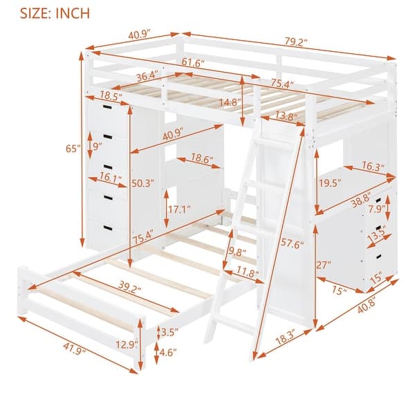 dimension image slide 0 of 2, Twin Over Twin Bunk Bed with Desk, Drawers, LED Light, USB Ports and Storage Shelves