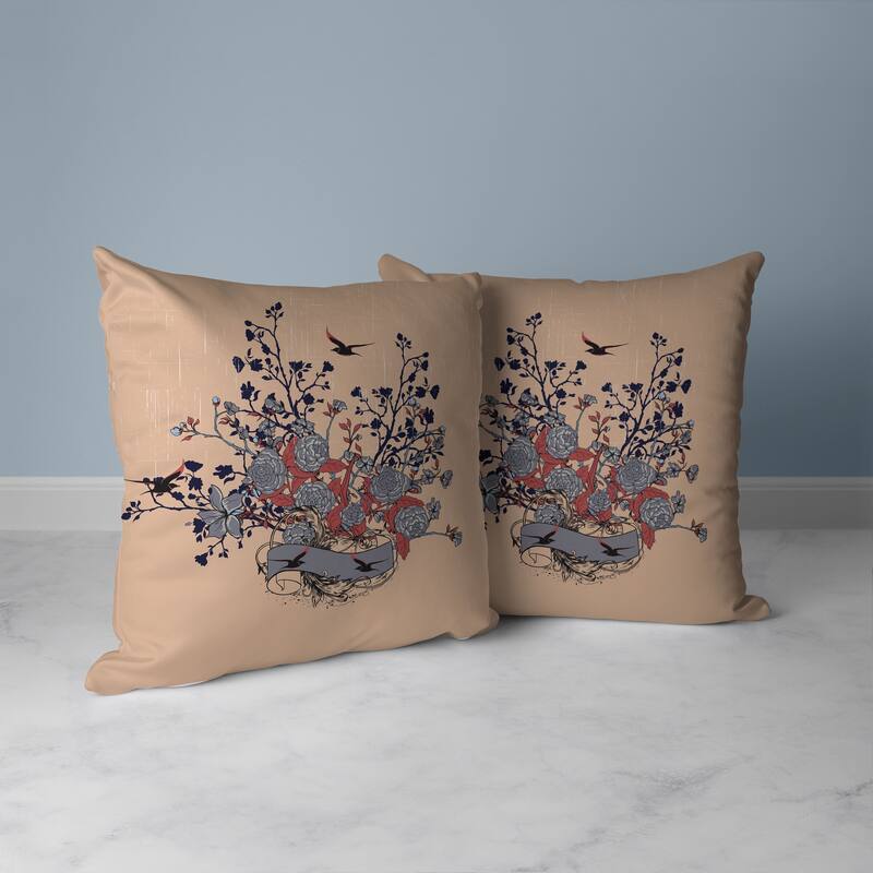Elegant Floral Bouquet Faux Suede Reversible Throw Pillow Gray and Almond