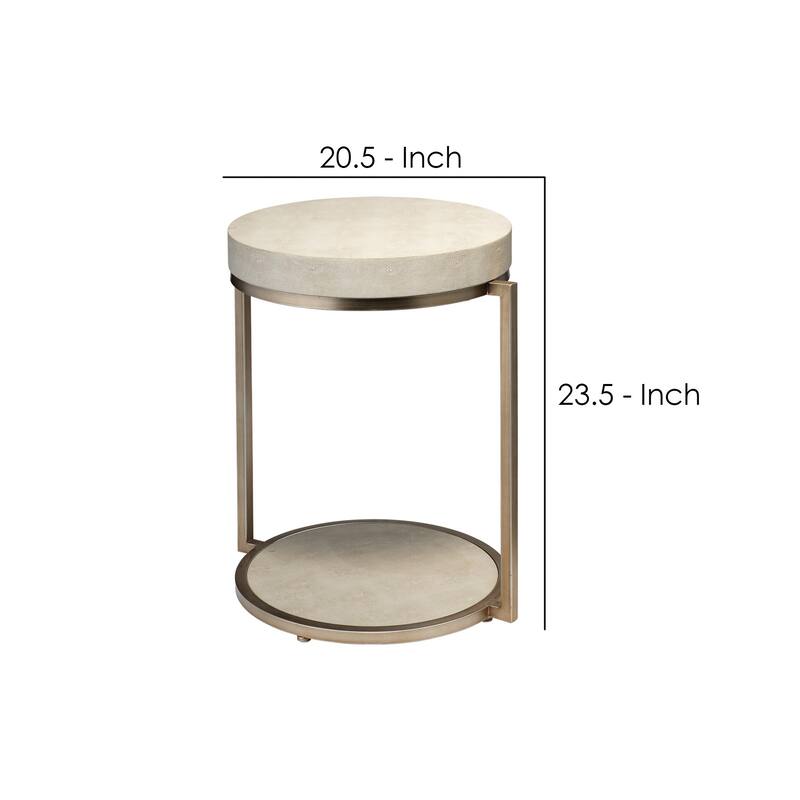 Metal Side Table with Round Top and Bottom, White and Gold