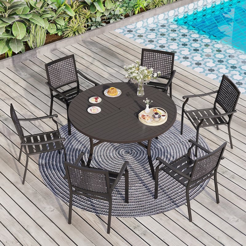MAISON ARTS 7-Piece Patio Dining Set , Large Round Dining Table with Umbrella Hole & Metal Swivel Dining Chairs - Fixed Chair