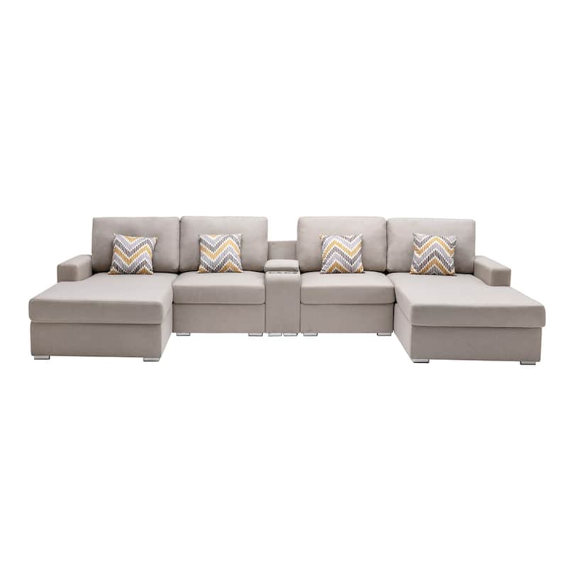 Linen Fabric 5 Piece Double Chaise Sectional Sofa with Storage Console Table and 4 Pillows - Beige