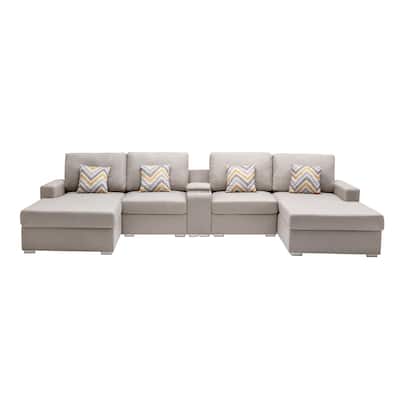 Linen Fabric 5 Piece Double Chaise Sectional Sofa with Storage Console Table and 4 Pillows