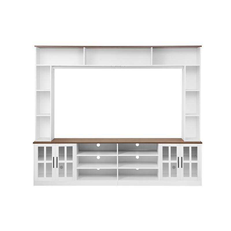 95.5" Entertainment Center for TVs up to 80", Media Console with Tempered Glass Doors & Bookshelves