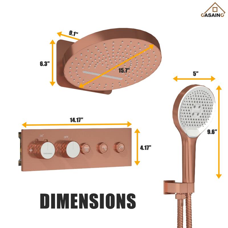 Luxury Thermostatic Shower System 5-Spray Patterns 16" Round Wall Mount Fixed and Handheld Shower Head - 15.7" x 15.7"