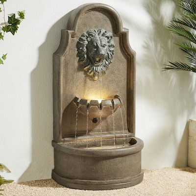 Glitzhome 31.75"H Oversized 3-Tier Lion Head LED Outdoor Floor Fountain