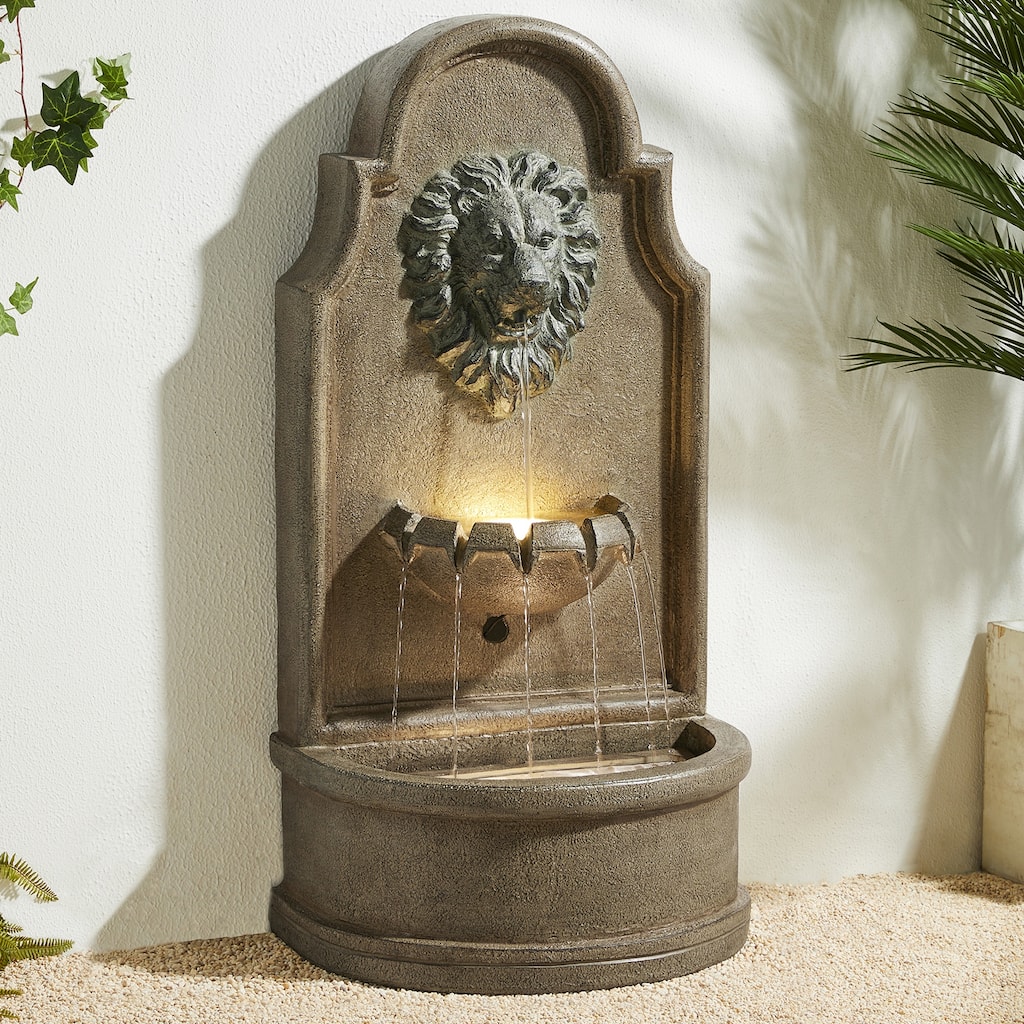 Glitzhome 31.75"H Oversized 3-Tier Lion Head LED Outdoor Floor Fountain