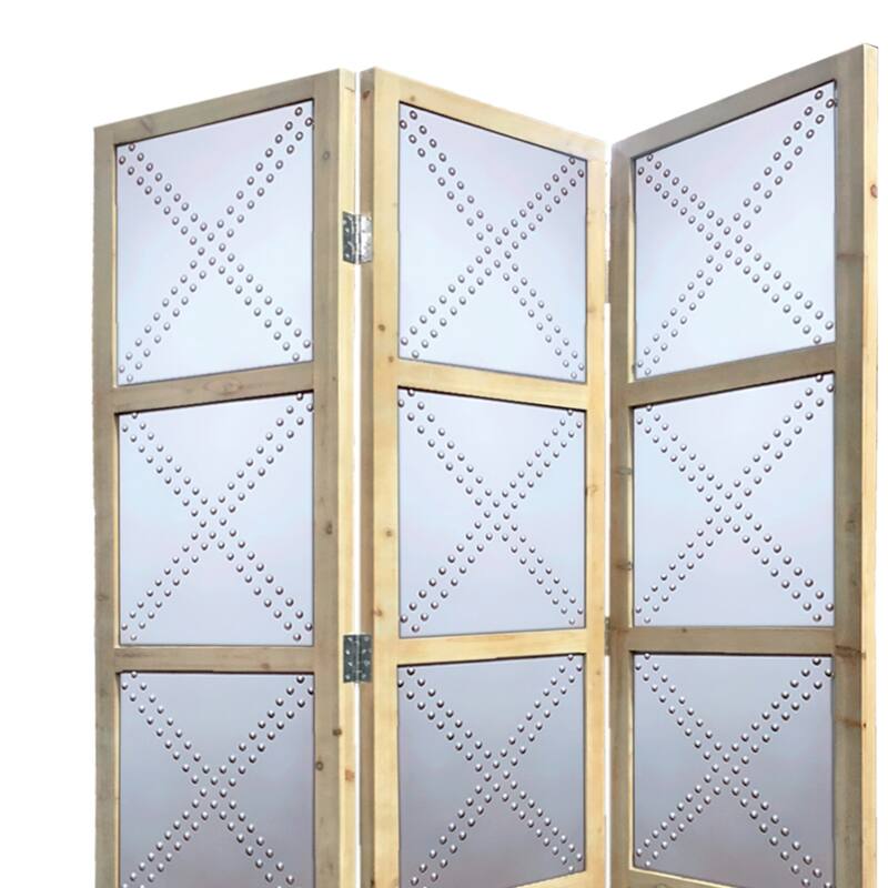 Contemporary 3 Panel Screen with Wood Frame & Nailhead Trim Design, Gray