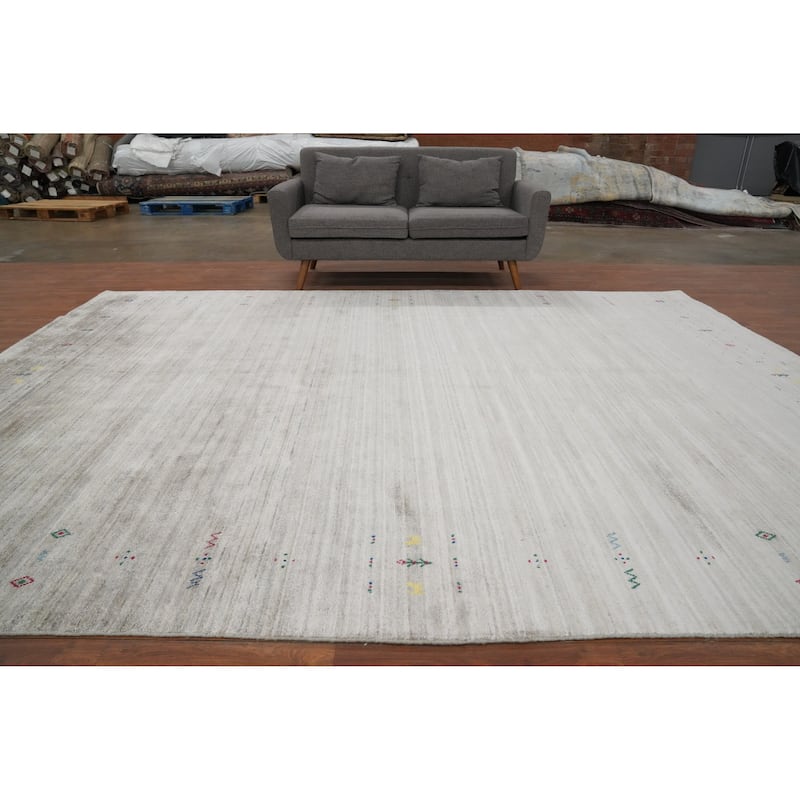 Hand Knotted Oriental Viscose Silk Carpet Tribal Animal Pictorial Greys & Charcoal Gabbeh Area Rug - 11' 10'' X 9' 0''