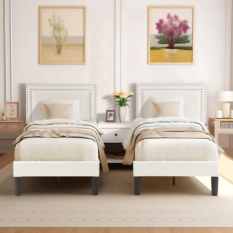 Set of 2 Twin Size Tufted Upholstered Platform Beds Dorm Style Minimalist Metal Frame with Slats No Box Spring Needed