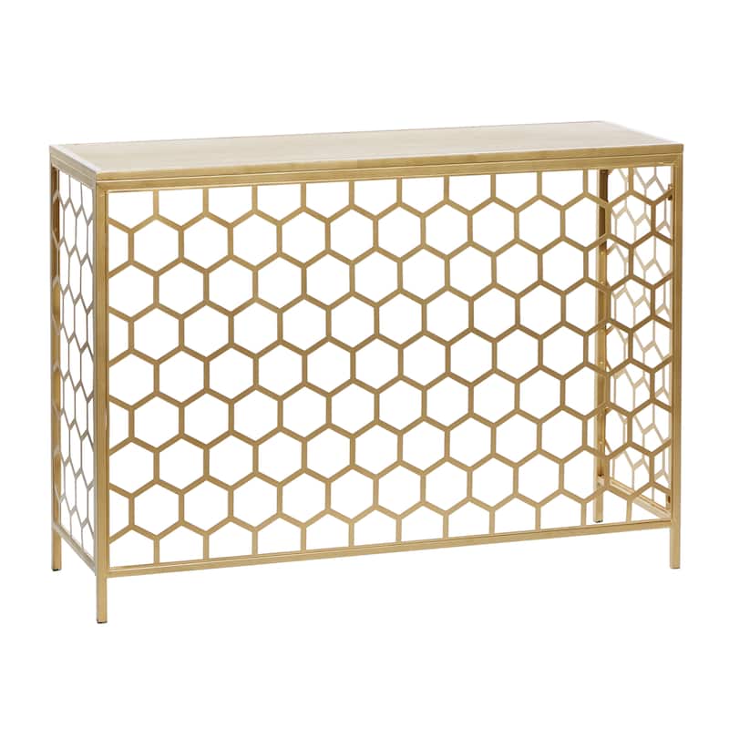 Metal Geometric Honeycomb Pattern Console Table with Brown Wood Top - Gold - Roche River Decor - 14"Wx42"Lx30"H