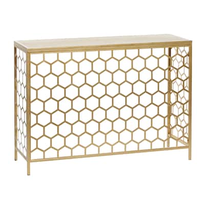 Metal Geometric Honeycomb Pattern Console Table with Brown Wood Top - Gold - Roche River Decor - 14"Wx42"Lx30"H