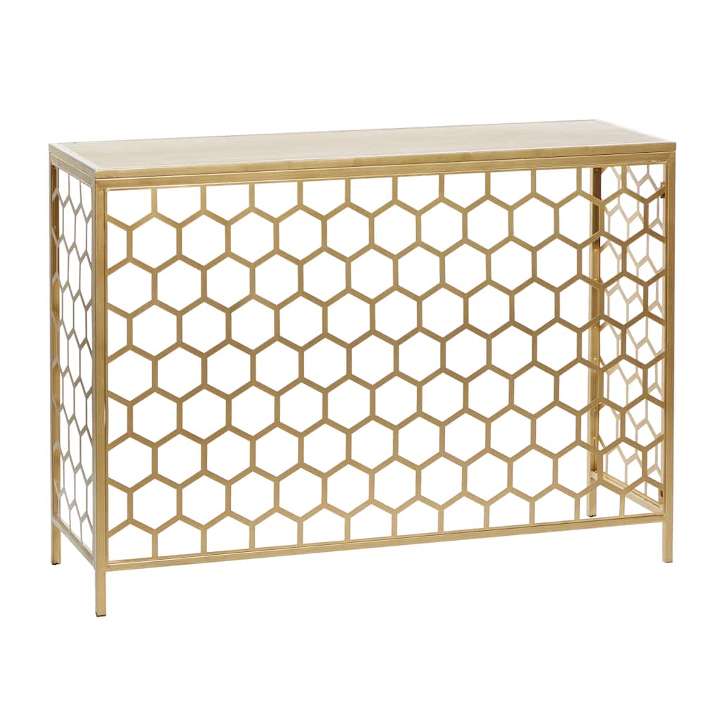 Metal Geometric Honeycomb Pattern Console Table with Brown Wood Top - Gold - Roche River Decor - 14"Wx42"Lx30"H