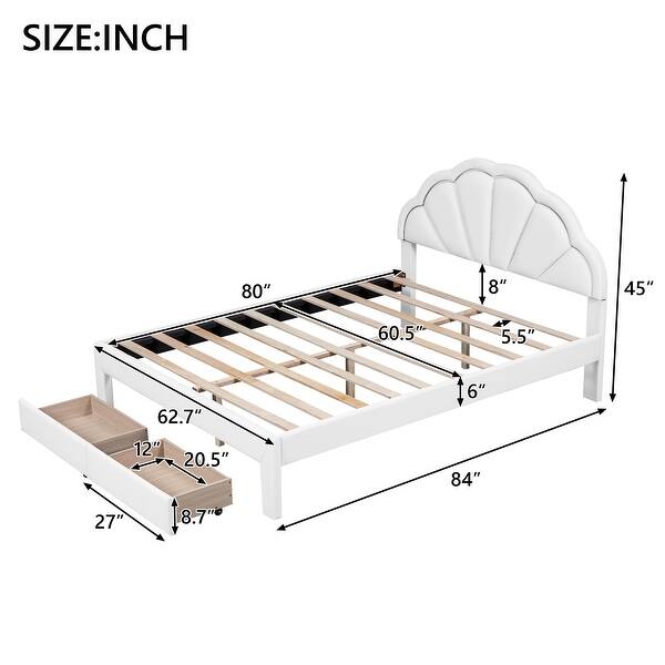 dimension image slide 2 of 4, Seashell-Shaped Platform Bed Frame with 2 Drawers & LED