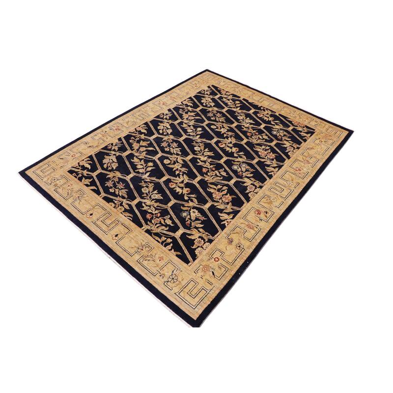 Hexagonal Trellis Floral Hand-Knotted Wool Area Rug