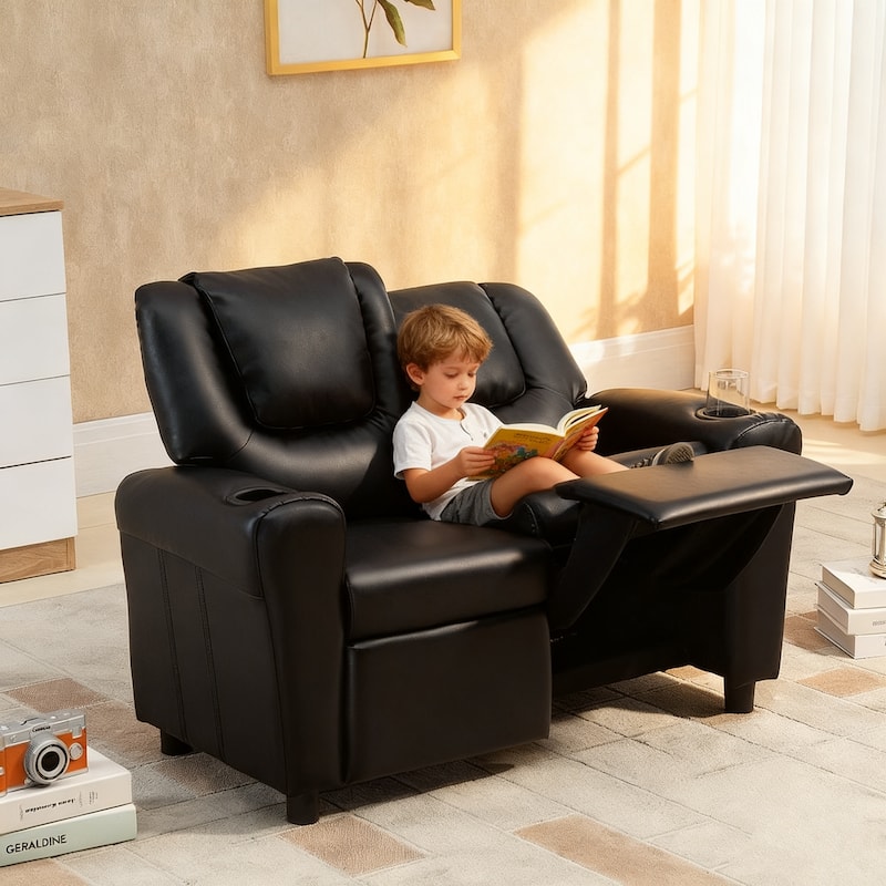 EROMMY Faux Leather Kids Recliner Chair, Adjustable PU Lounge Sofa for Reading and Napping - Black