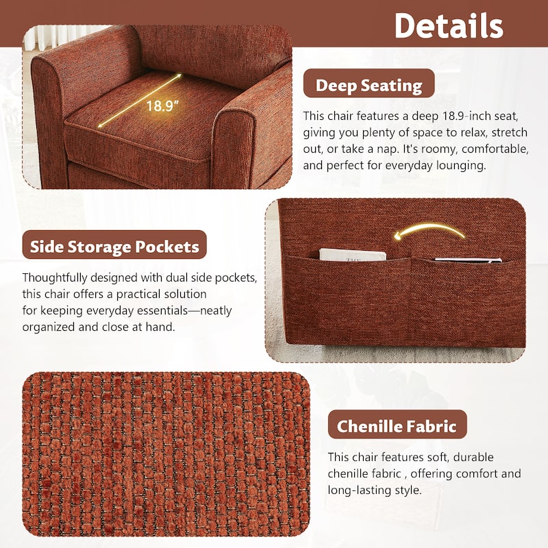 360-Degree Swivel Accent Chair w/Storage Pockets，Chenille Upholstery Barrel Accent Chair