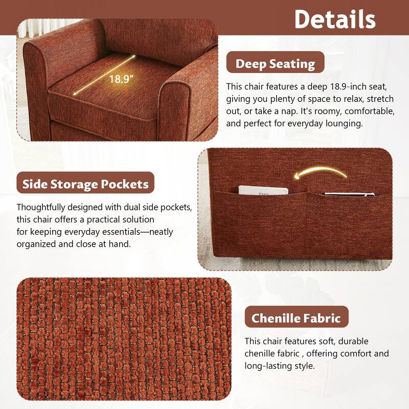 360 Degree Swivel Chair for Living Room, Swivel Accent Chair with Armrest, Chenille Sofa Chair with Side Pockets