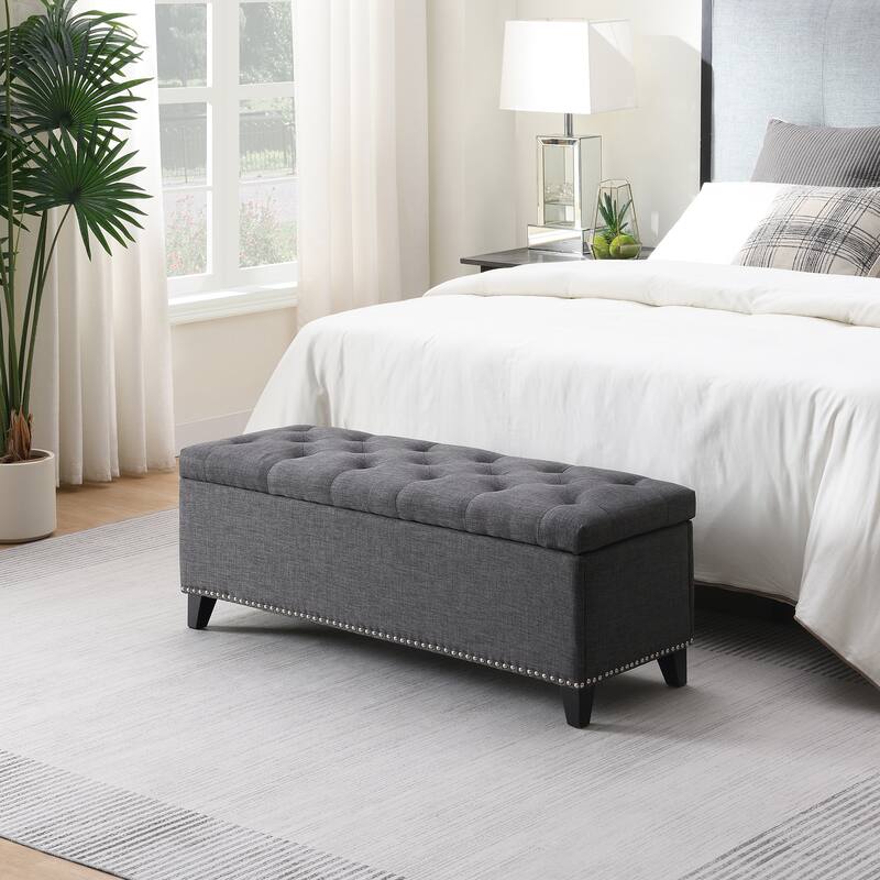 47.5" Linen Button-Tufted Storage Ottoman with Safety Close Hinge - DARK GREY