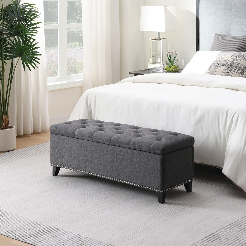 47.5" Storage Ottoman, Storage Bench with Safety Close Hinge, Linen Button-Tufted Ottoman for Living Room
