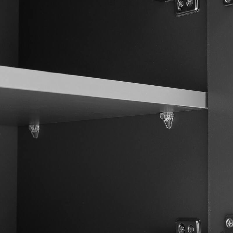 Modern Hall Tree, Wood Coat Rack with 8 Gold Hooks and Legs, Entryway Upholstered Bench with Adjustable Shelves & Doors