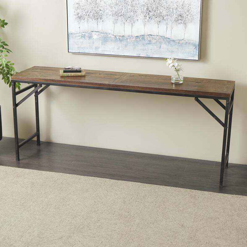 Teak Wood Long Console Table with Black Metal Legs - Dark Brown - Roche River Decor