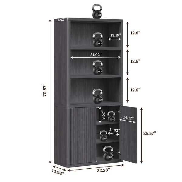 dimension image slide 0 of 2, Modern 6-Tier Bookcase With 2 Fluted Doors And Adjustable Shelves
