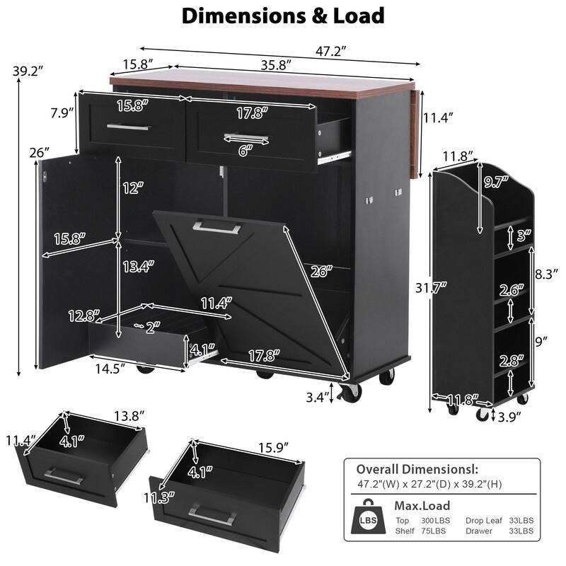 47.2" Rolling Kitchen Island on 5 Wheels with Drop Leaf, Kitchen Island with 2 Drawers, Trash Can Storage