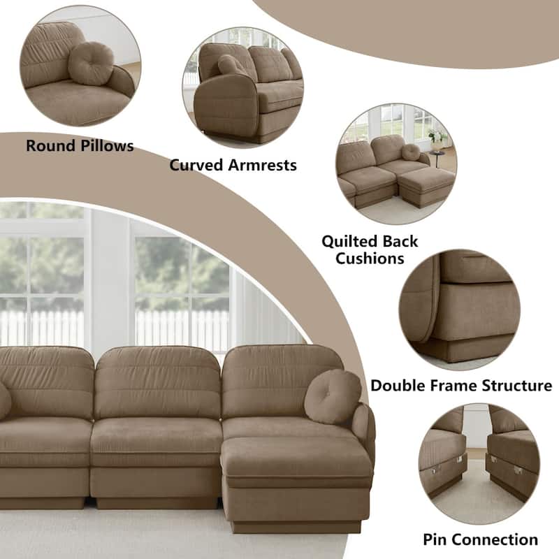 105" Chenille Sectional Sofa with 2 Round Pillows and 2 Movable Ottomans