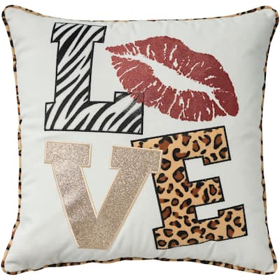 Mina Victory Holiday Pillows Lips Love Leopard 16" x 16" Multicolor Indoor Throw Pillow