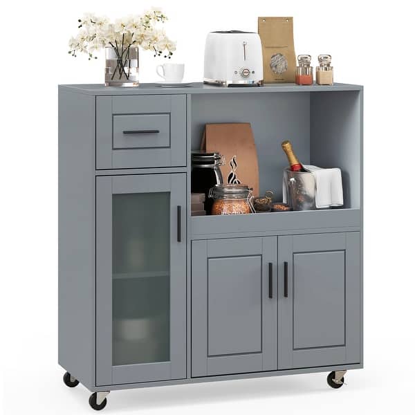 slide 2 of 10, Gymax Kitchen Island Cart on Wheels Microwave Cabinet w/ Frosted Kitchen Cart - Grey