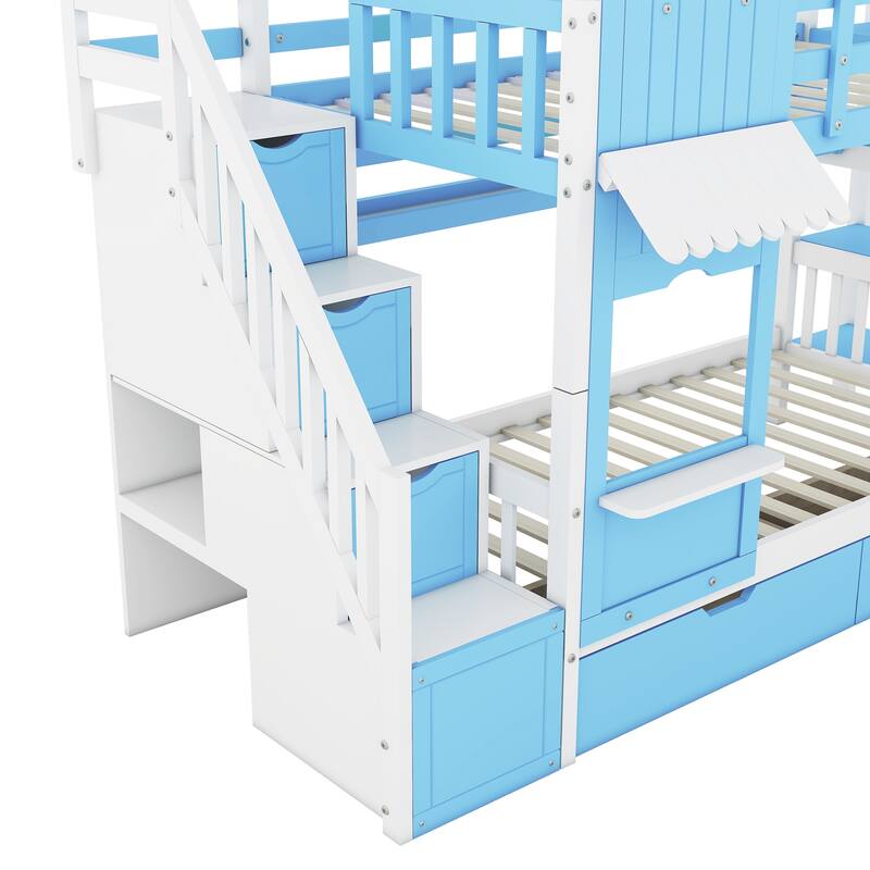 Twin-Over-Twin Castle Style Bunk Bed with 2 Drawers, 3 Shelves, and Slide - Blue