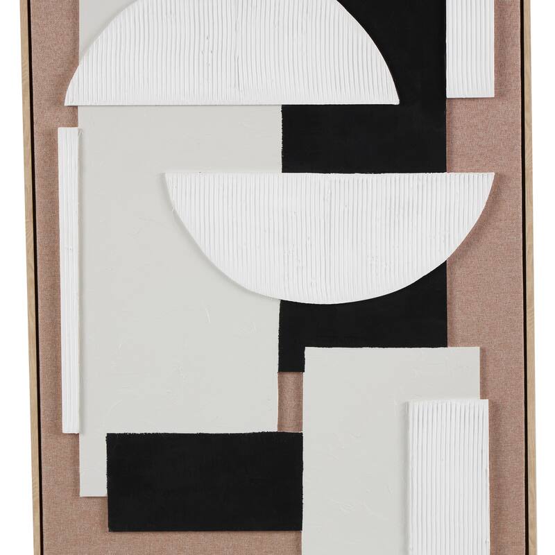 Brown Wooden Textured Geometric Framed Wall Art with Abstract Black and White Shapes and Fabric Backing