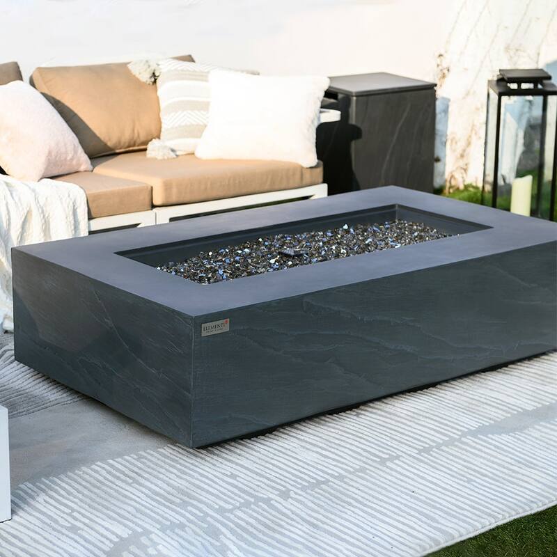 Elementi Plus Meteora Outdoor Fire Pit Table Concrete Rectangular 60000 BTU - 55.9 x 31.9 inches with Lid, Fire Glass, and Cover