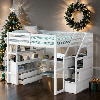 Full Loft Bed with Desk and Shelves, Drawers, Storage Staircase, White