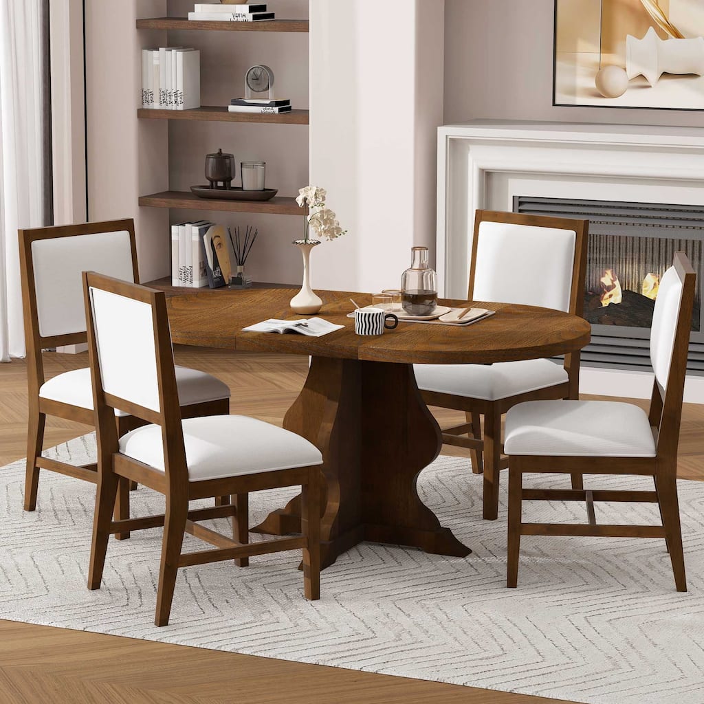 5-Piece Dining Table Set Extension from 42.5 to 58.2-Inches with 4 Upholstered Chairs, Wood Kitchen Dining Table & Chair Set