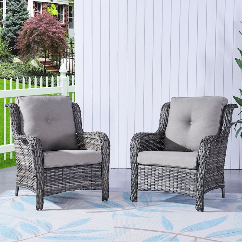 Outdoor Wicker High Back Club Chair with Cushions (Set of 2) - Grey/Grey