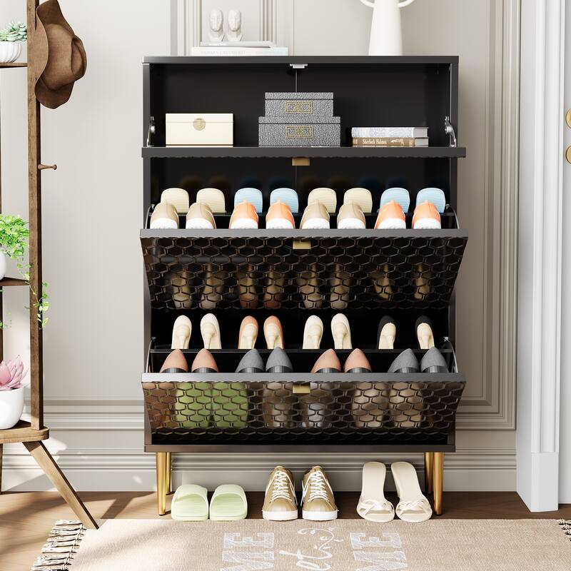 Wood 24 Pairs Shoe Storage Cabinet with 3 Flip Drawers