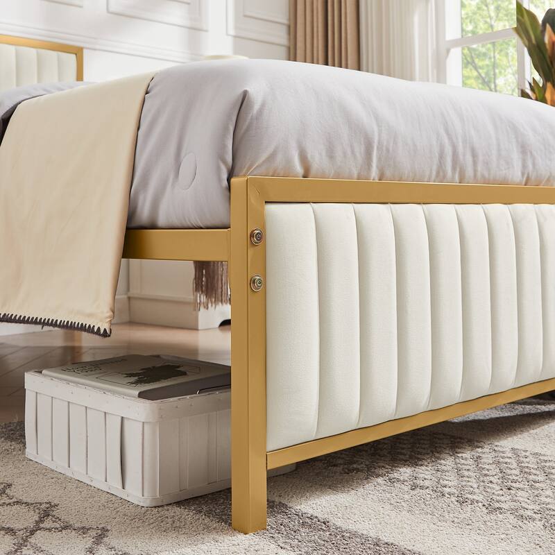 VECELO Upholstered Bed Frame with Tufted Headboard & Footboard, Heavy Duty Steel Slats Platform, No Box Spring Needed