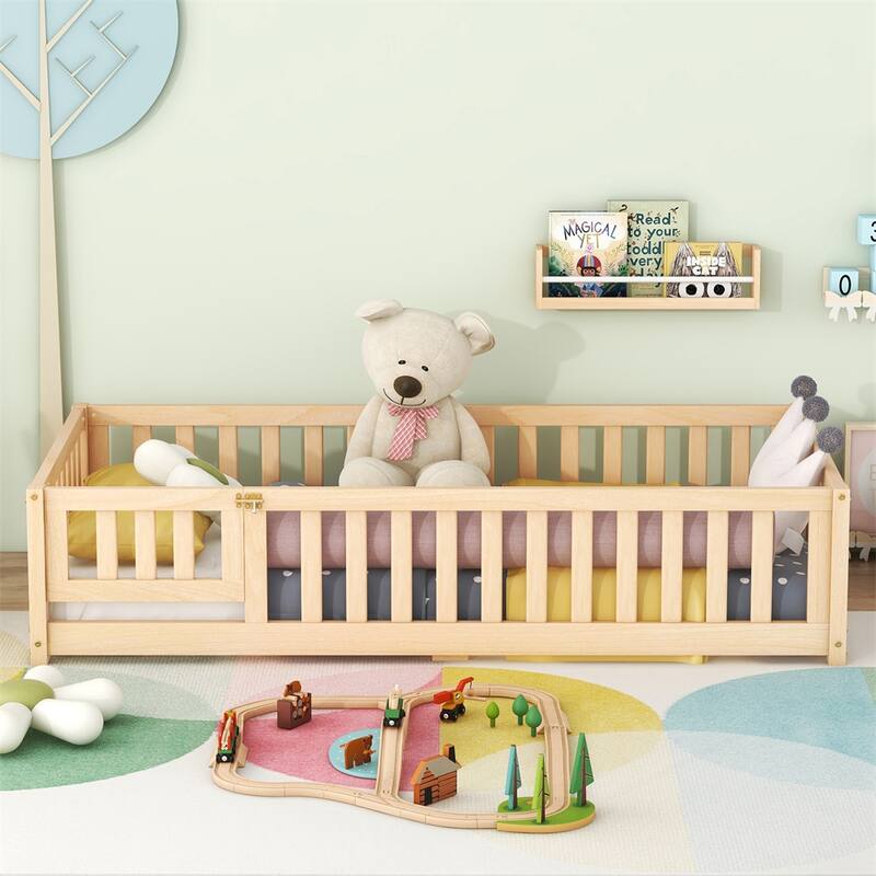 Twin Size Bed Floor Bed with Safety Guardrails and Door for Kids - Natural