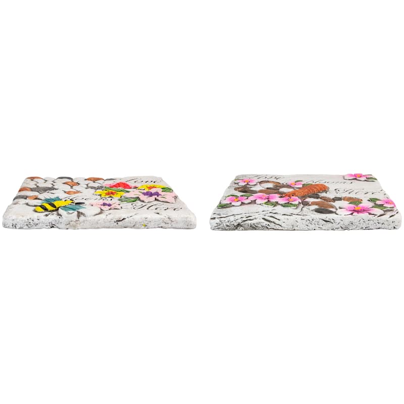 Set of 2 'Love Blooms Here' Floral Outdoor Garden Stones 7"