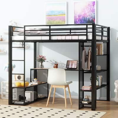 Full Size Metal Loft Bed with Built-In Desk, Open Wardrobe, Storage Shelves & Guardrails
