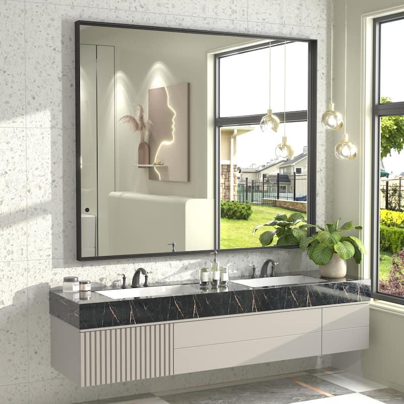 Full Size Metal Frame Wall Mirror Black Tempered Glass for Bathroom